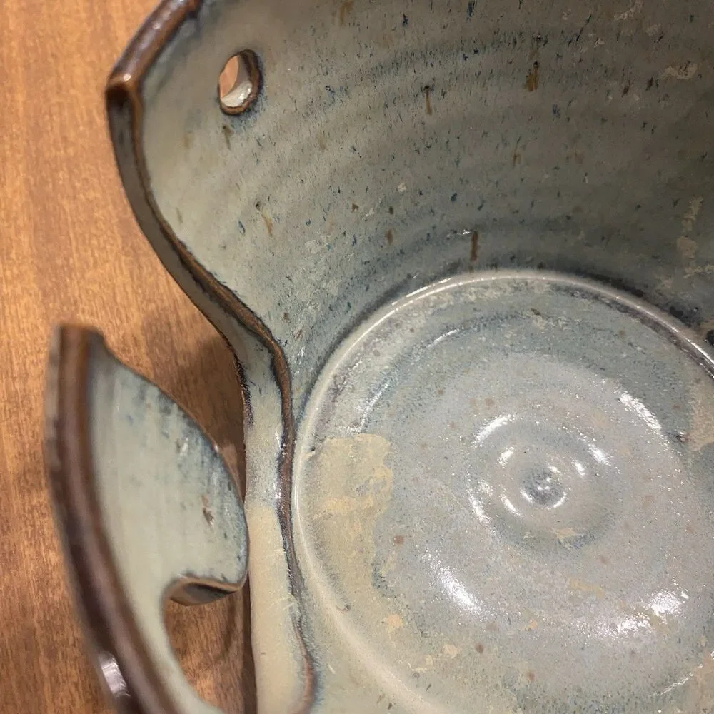 Signed Studio Pottery Ceramic Yarn Bowl Knitting Crochet Blue Green Handmade 6